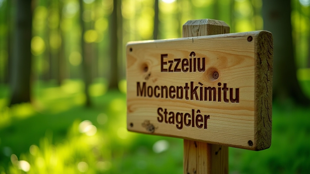 Sena koka informācijas zīme meža vidū ar skaidru tekstu, zaļš mežs fonā