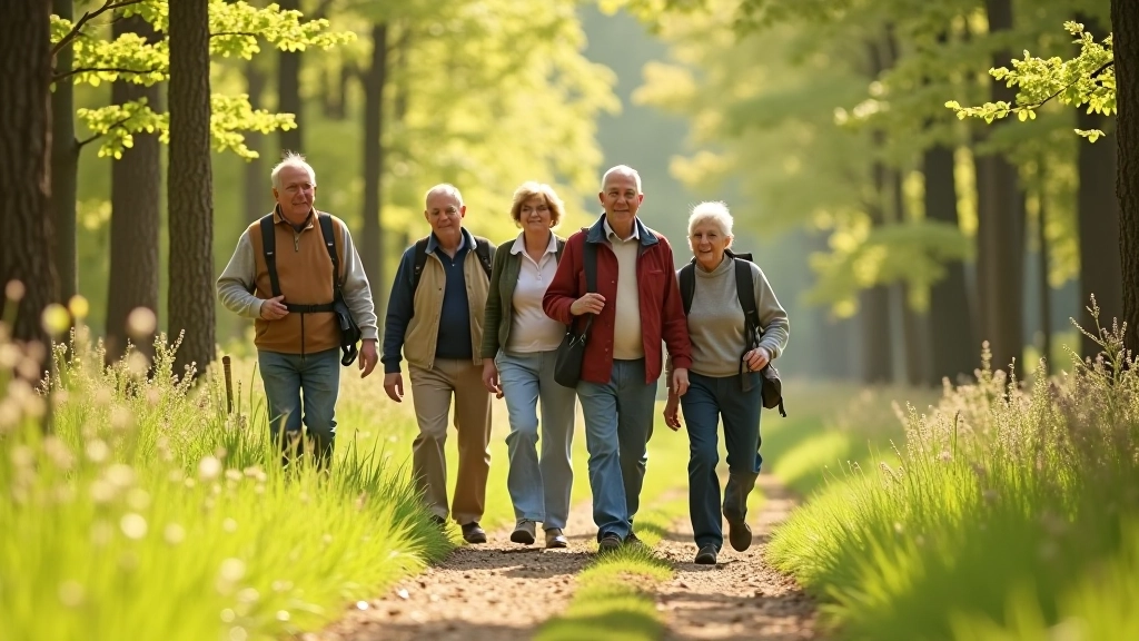 Senioru grupa staigā pa mežainu taku, pavasara apstākļos, skaidra diena