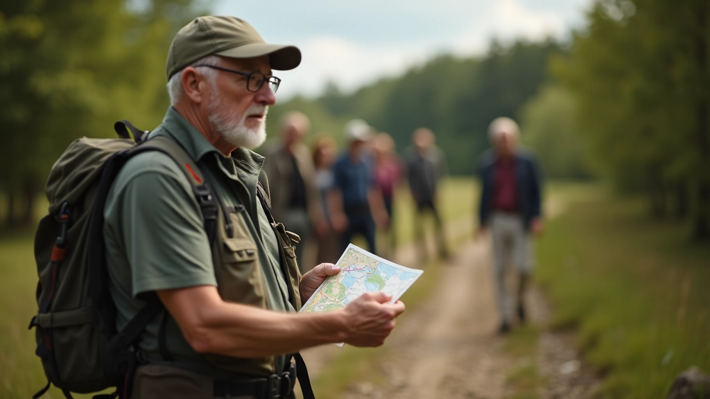 Grupas vadītājs izstāda informāciju un maršruta detaļas iesācējiem senioru grupai