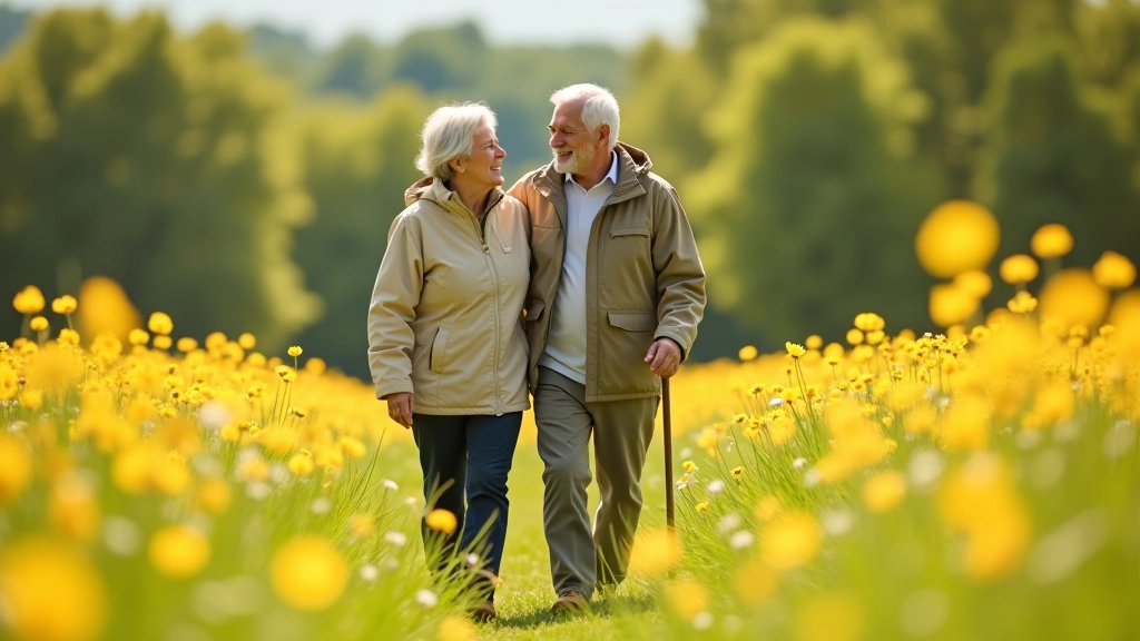 Seniori pastaigā pavasara ziedošajā pļavā, skaista daba ap viņiem