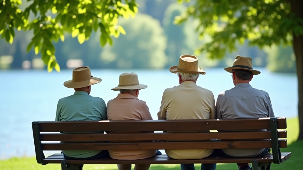 Senioru grupa pie ezera krastā vasarā, sauļojošies un atpūšanās