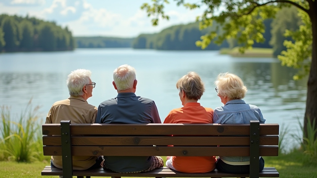 Senioru grupa sēž uz soļiem pie ūdens, baudot skatu uz Rāznas ezeru, viegli pārrunājot pastaiges iespaidus